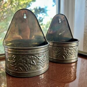 Pair of Vintage Hosley Brass Wall Planters – Embossed Grapevine Design